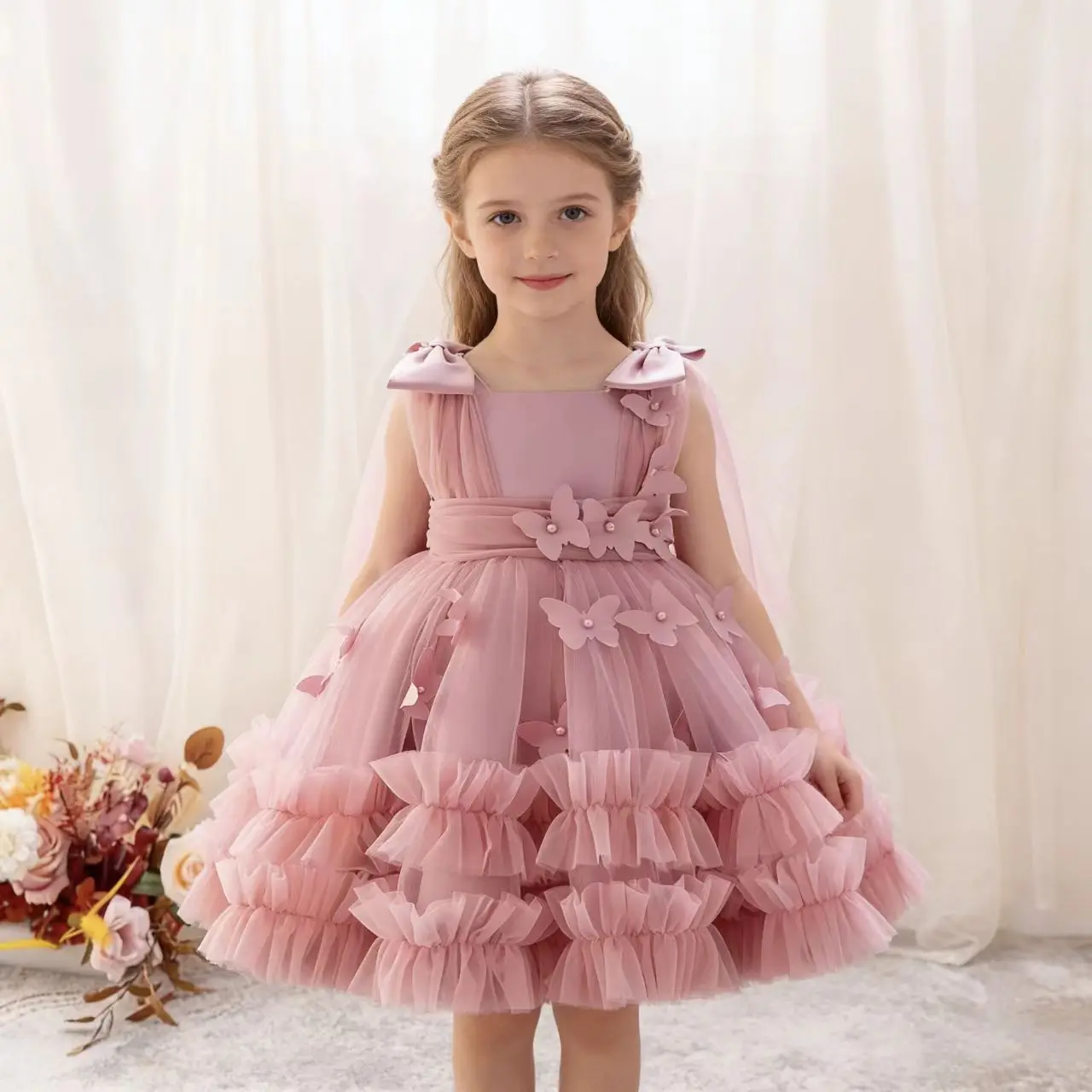 1-5 Y Baby Girls Wedding Sleeveless Butterfly Chiffon Elegance Princess Dress Carnival Birthday Party Piano Performance Evening