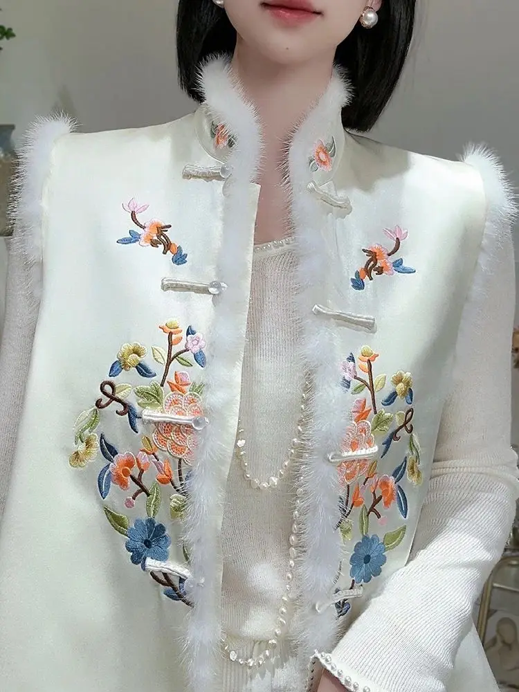 2024 new chinese style women white embroidered cotton vest suit autumn winter fashion jacket woman tangsuits vest tangsuit coat