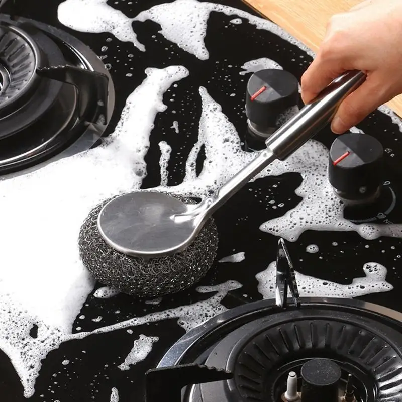 F19B Stainless Steel Scrubbing Brushes Stainless Steel Wool Scrubber with Long Handle