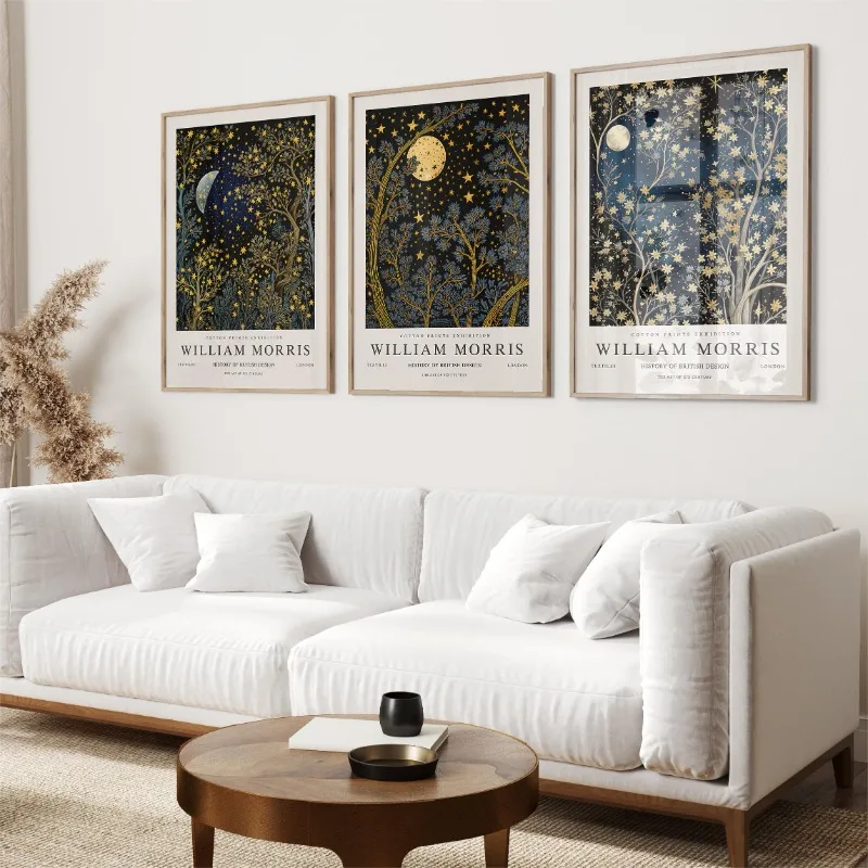 William Morris Vintage Exhibition Moon and Stars Forest Poster and Prints Canvas Printing Wall Art Picture for Living Room Decor