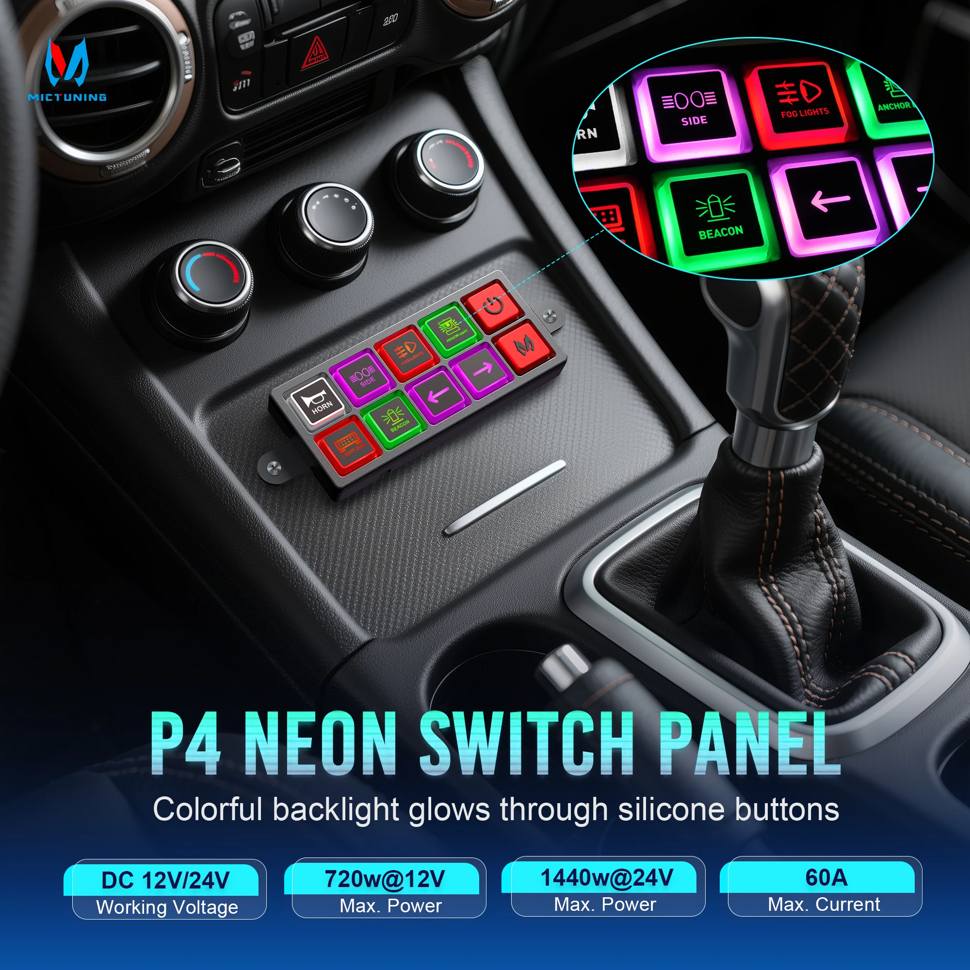MICTUNING New Edition P4 Switch Panel 8-Way Universal Circuit Control Relay System Box, LED-Backlit Silicone Buttons for Cars