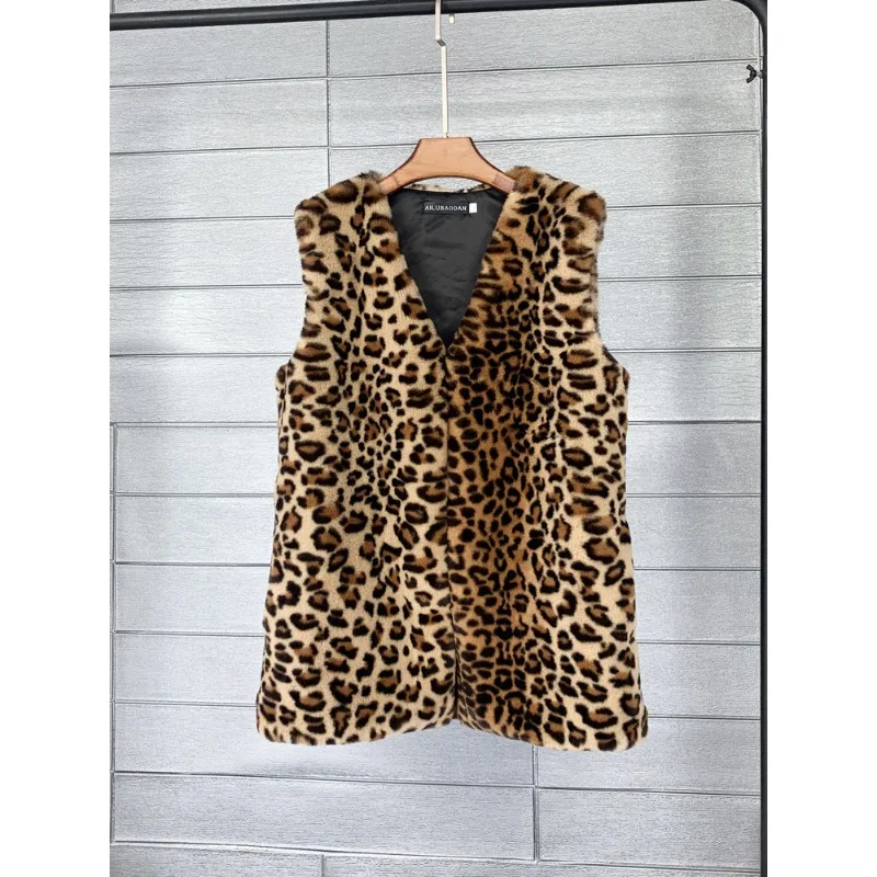 Women's Faux Mink Fur Leopard Print Winter Mid-length Faux Fur Waistcoat Warm Vest Waistcoat Outerwear Soft Women Jacket