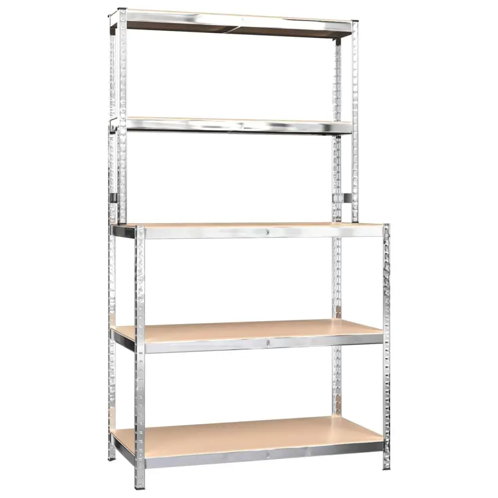 Sturdy 5-Layer Work Table with Shelves – Silver Steel & Engineered Wood Storage Solution