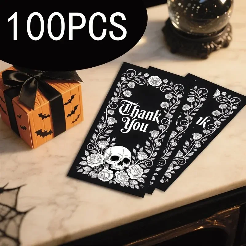 100pcs Gothic Style Horror Witch Themed Thank-you Cards with Skeletons and Flowers, Suitable for Parties and Gatherings