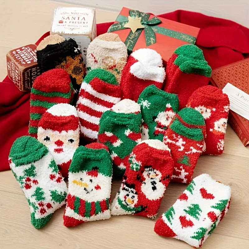 2Pairs Women Mid-Calf Socks, Autumn Winter Christmas Coral Fleece Socks, Thickened Fuzzy Warm Contrast Color Fashion Versatile C