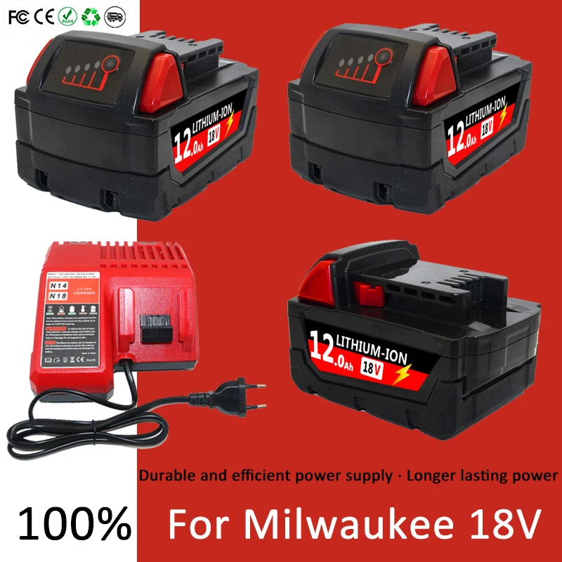 100%   For Milwaukee M18 Power Tool Battery, Charger, BR, XC, 18V, 12000mAh M18B5, 48-11-1860, Built-in 21700 Battery.12.0Ah