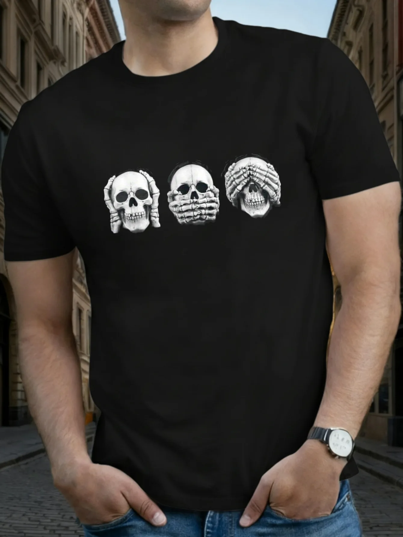 T-shirt en coton JOOCAR à col rond, doux, extensible et respirant, à manches courtes, avec impression de lettres tendance, motif trois crânes « Ne voir, ne entendre, ne parler que du bien », style streetwear, idéal pour toutes les saisons, choix de cadeau de vacances parfait.