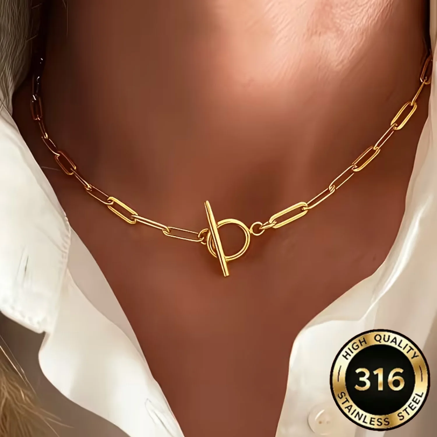 Minimalistische Punk-Hip-Hop OT-Schnallen-Anhänger-Halskette aus 316L Edelstahl, hypoallergen, Modeschmuck für Männer und Frauen, Geschenk