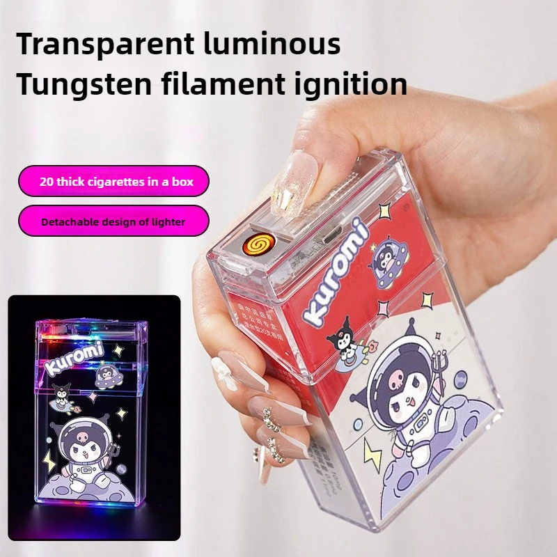 

Lovely Cartoon Hello Kitty Transparent Cigarette Case USB Charging Lighter, Kuromi Flameless Rechargeable Lighters Birthday Gift