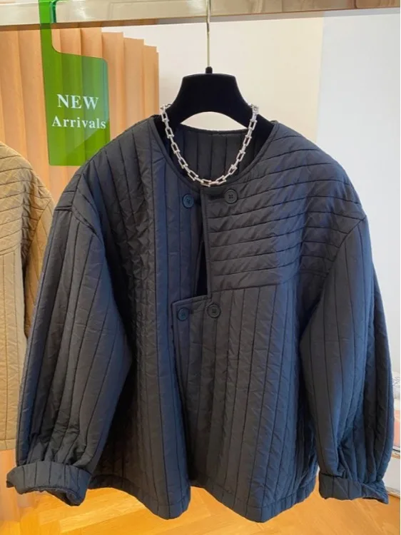 

Korean Sle round Ne Quilted Cotton Jaet Women's Loose Casual Asymmetrical Button Warm Cotton Outerwear Coat