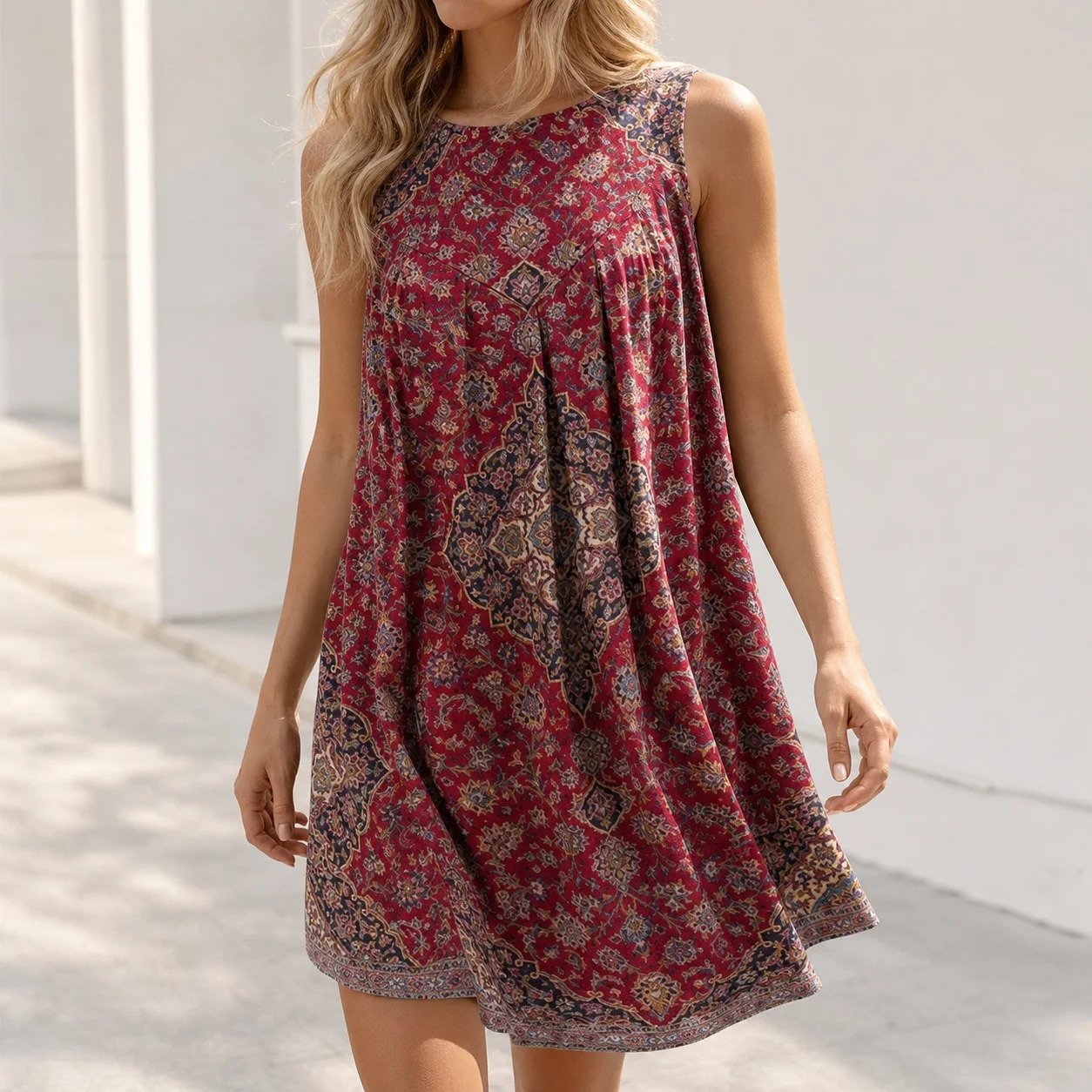 Women's Summer Sleeveless Loose Fit Asymmetrical Hem Midi Dress with Geometric Print U Neck Button Detail for Beach Vacation