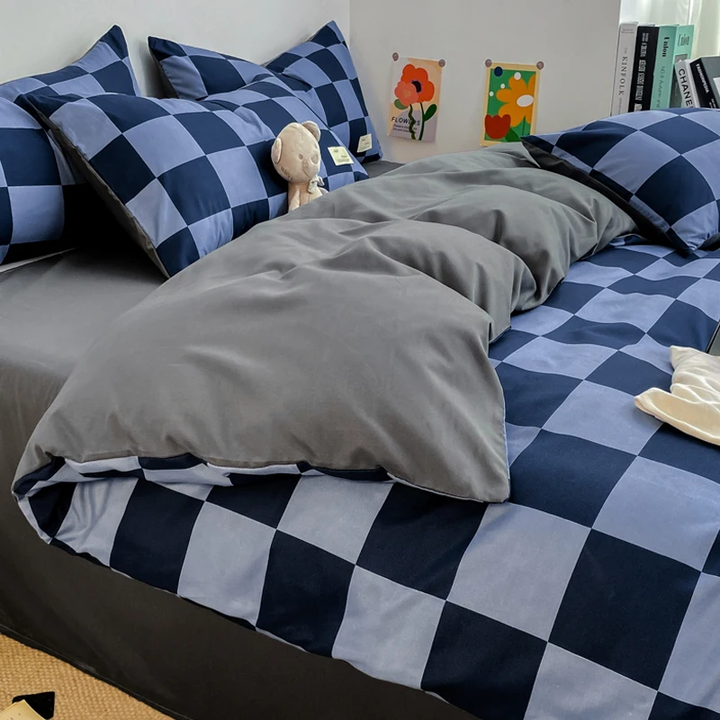 

3/4Piece Minimalist Style Bedding Set Blue Check Duvet Cover Washed Cotton Soft Sheet Pillowcase Twin Full Queen Size Bedclothes