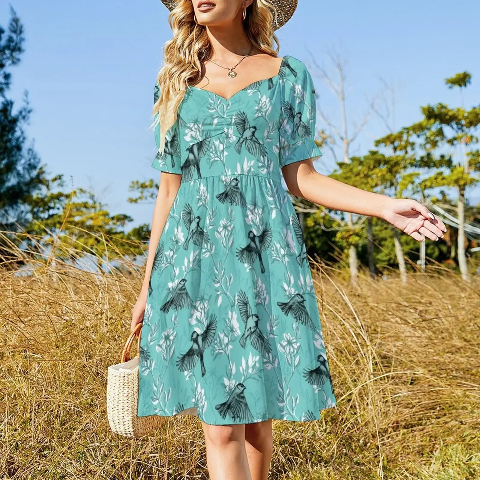 Flowers and Flight in Monochrome Teal Sleeveless Dress luxury dresses Dress