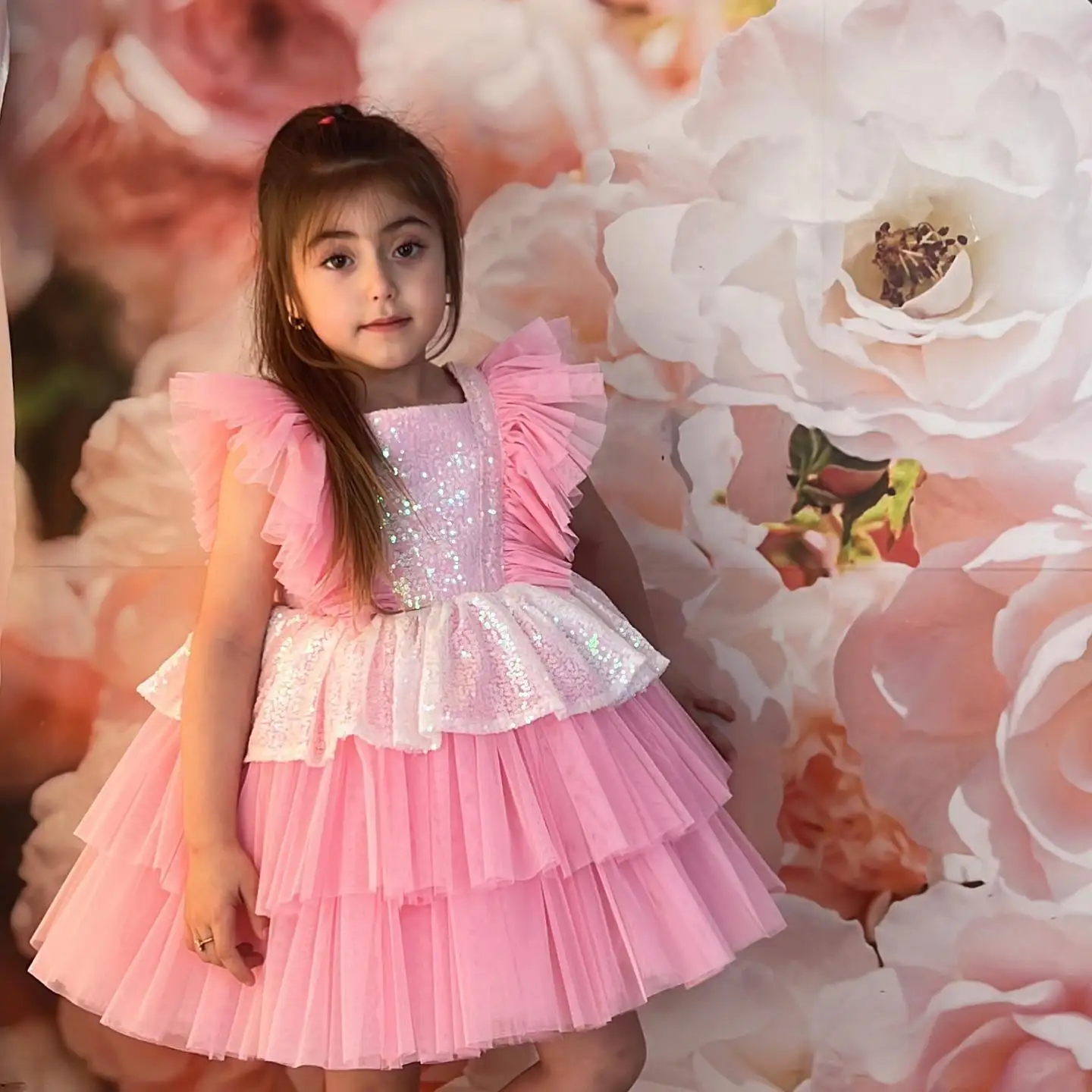 

Pink Tulle Flower Girl Dress For Wedding Sleeveless Knee Length With Sequins Puffy Princess Birthday First Communion Ball Gown