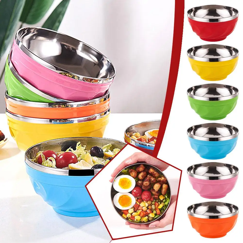 Candy Color Double-layer Stainless Steel Bowl Creative Children Dinnerware Insulation Heat Noodle Soup Rice M8E1