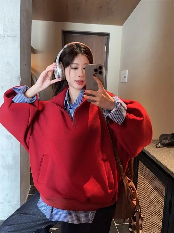 

plus Size Lazy Set Women Loose Slimming Fleece Sweatshirt Jacket Neck Plaid Layering Long Sleeve Shirt Korean Style Casu...