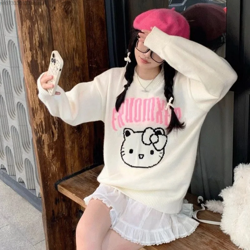 Sanrio Hello Kitty Jacquard Sweater Women Autumn Winter New Loose Round Neck Soft Knitwear Tops Japanese Style Cute Pullover Y2k