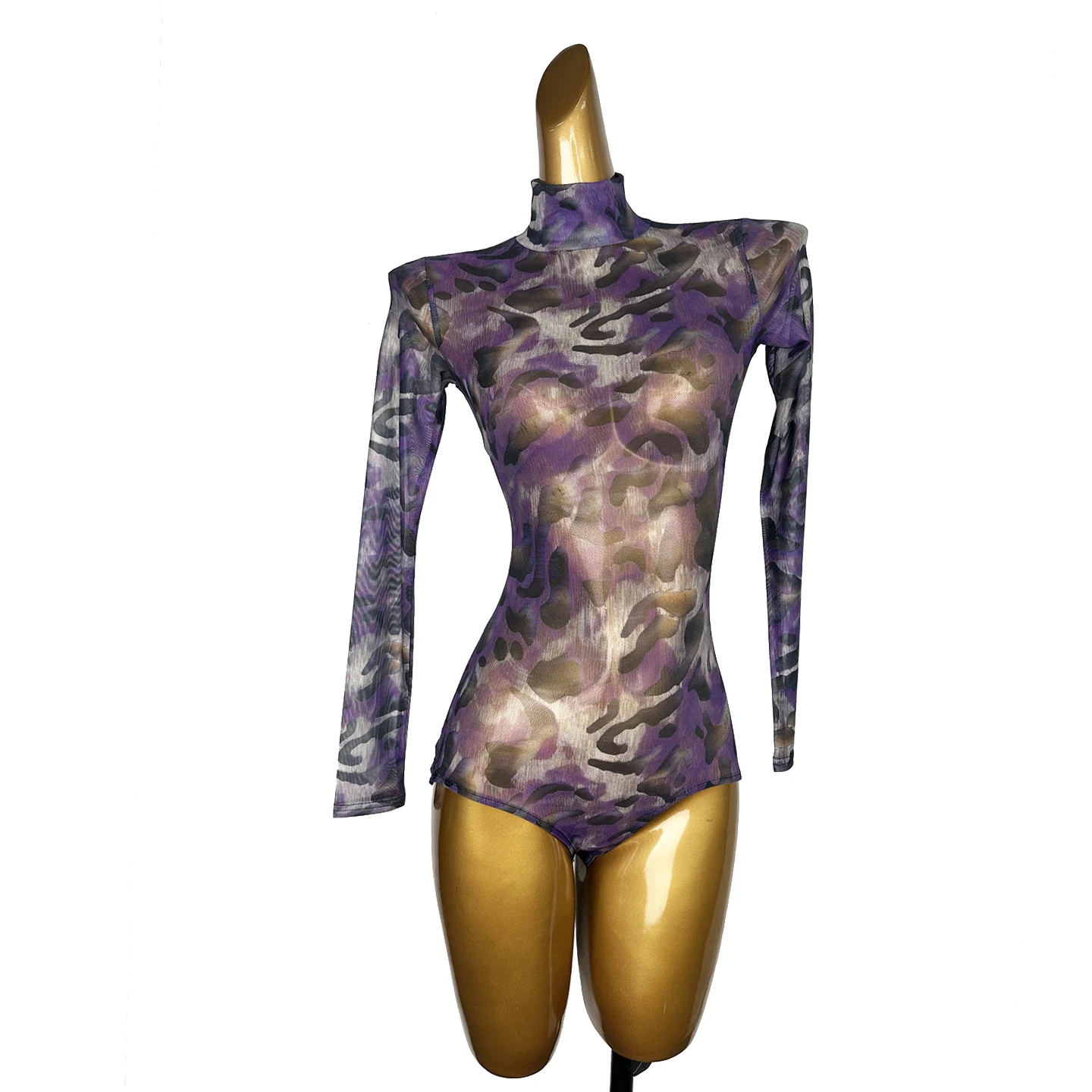 2025 nuevo mono de leopardo púrpura de manga larga Chacha Rumba Tango ropa de práctica latina para mujeres adultos Tops de baile latino XH3848