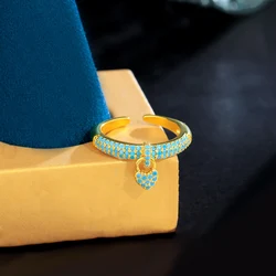 ThreeGraces New Trendy Light Blue Cubic Zirconia Gold Color Open Size Small Heart Charm Ring for Women Chic Party Jewelry R308