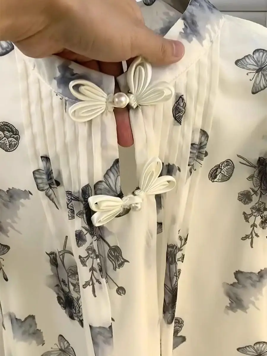 Sommer chinesische Knoten Knopf T-Shirt neue Frauen süße Schmetterling Druck Chiffon Blusen Femme All-Match coole dünne Bluse Tops