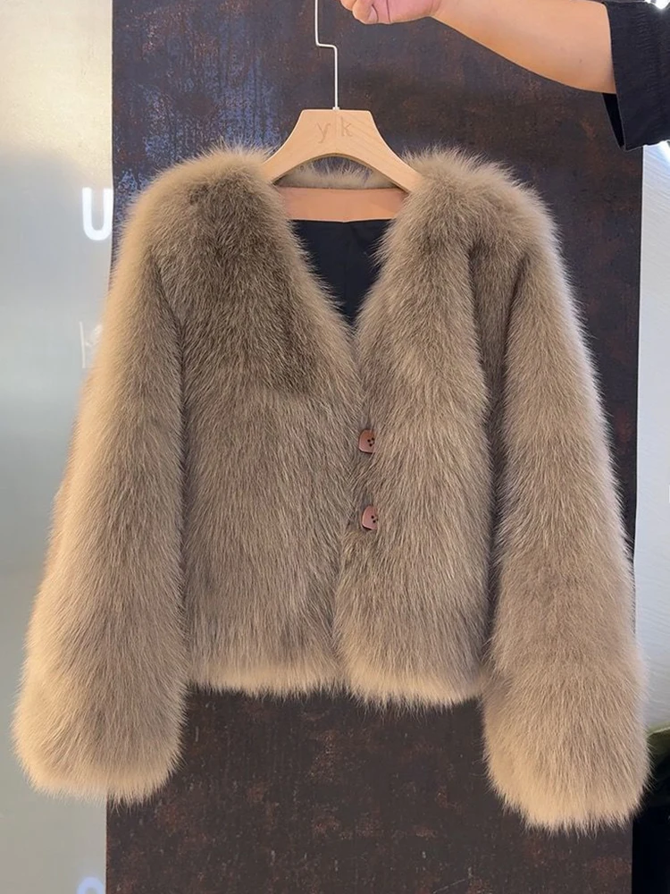 V Neck Faux Fur Fox Coat Women Vintage Slim Long Sleeve Elegant Jacket Winter Casual Female All Match Korean Soft Solid Outwear