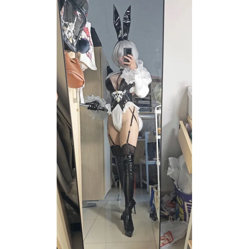 In stock YoRHa No. 2 Type B Cosplay Costume Women sexy bunny girl leather jumpsuit headwear prop Halloween suit view 5