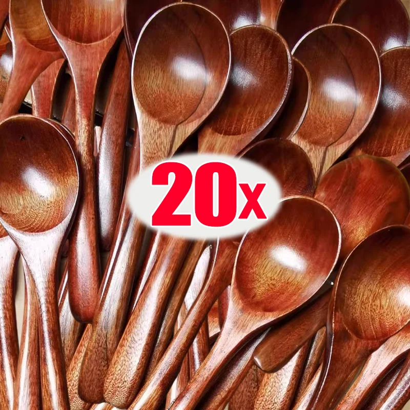 1/20PCS Kitchen Wooden Soup Spoons Long Handle Coffee Milk Honey Stirring Scoops Reusable Teaspoons Cooking Utensil Tableware