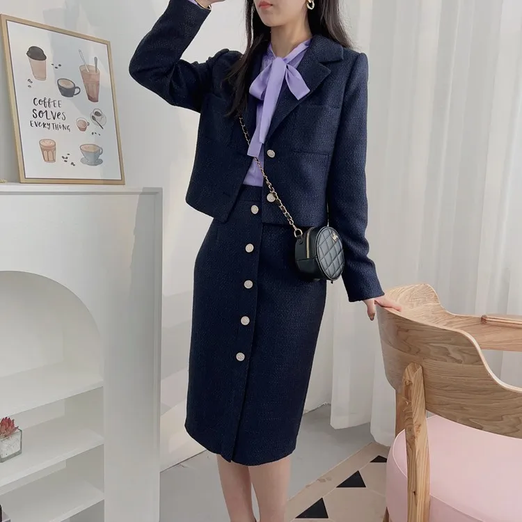 

Ele ort Coat And Skirt Set for Women Button up Collar Sle Korean Drama Main Role Spring Faion Outerwear