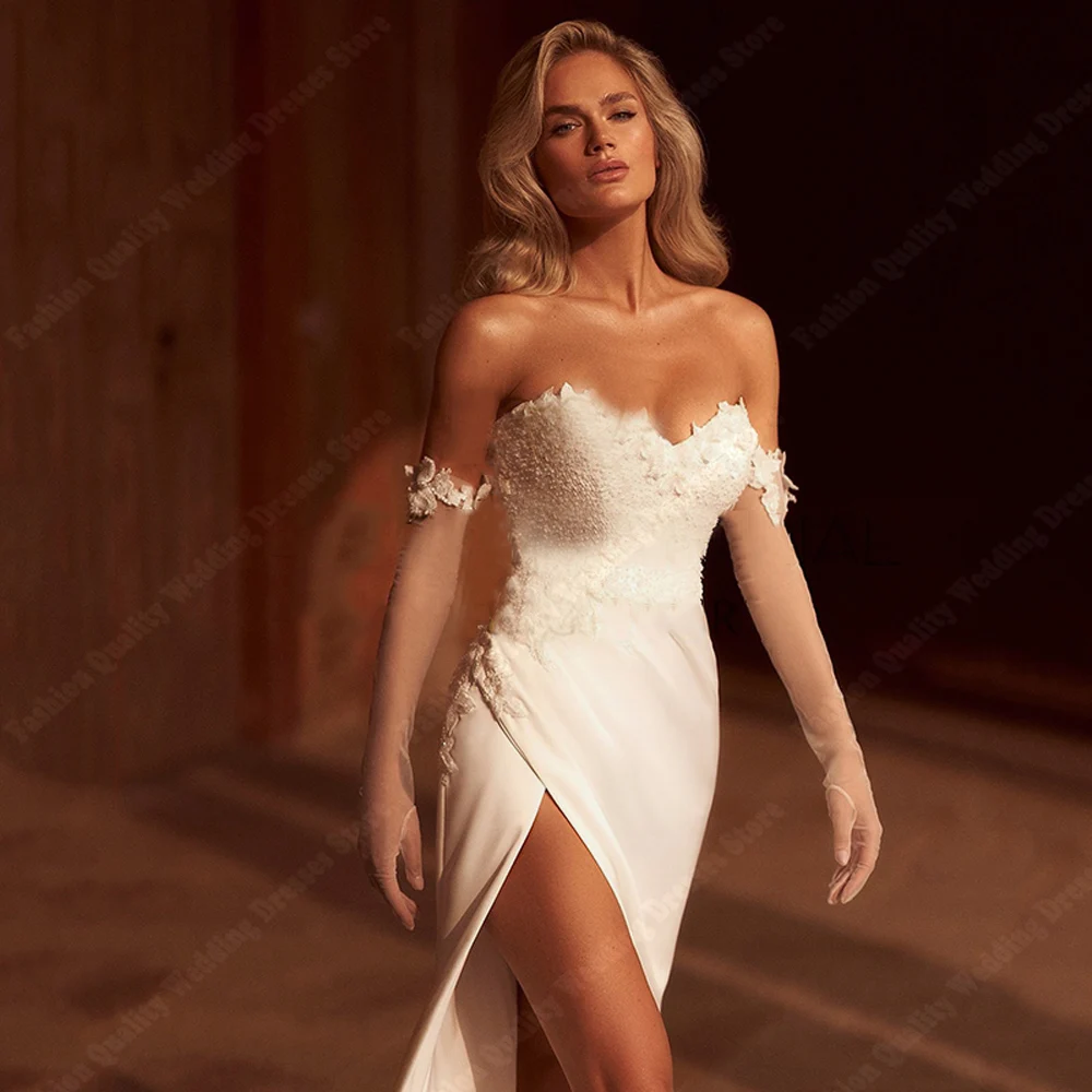 Fascinating Sexy Forking Women Wedding Dresses Off Shoulder Shine Satin Surface Vestidos De Novia Custom Made Chic Pleated Gowns