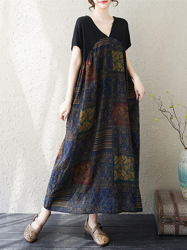 Vestido de Verão 2025 Solto Plus Size com Decote em V Estampado de Manga Curta que Disfarça a Barriga e Emaece, Vestido em ...