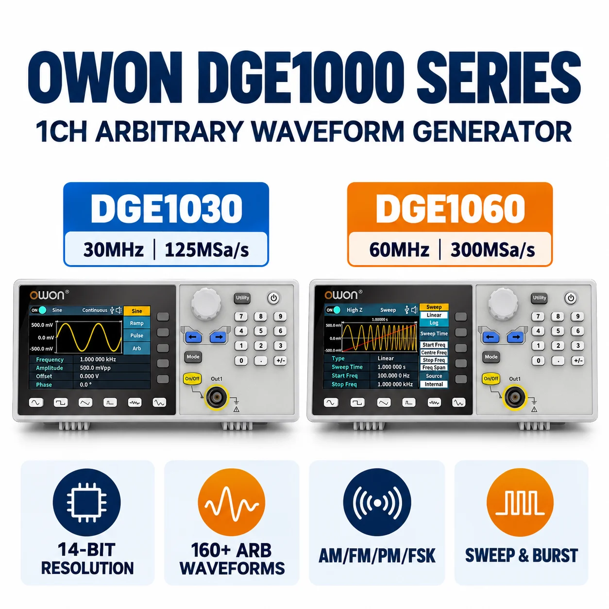 OWON DGE1030 DGE1060 30MHz 60MHz 1CH Arbitrary Waveform Function Generator 14Bit 300MSa/s USB SCPI AM FM PM FSK Signal Generator
