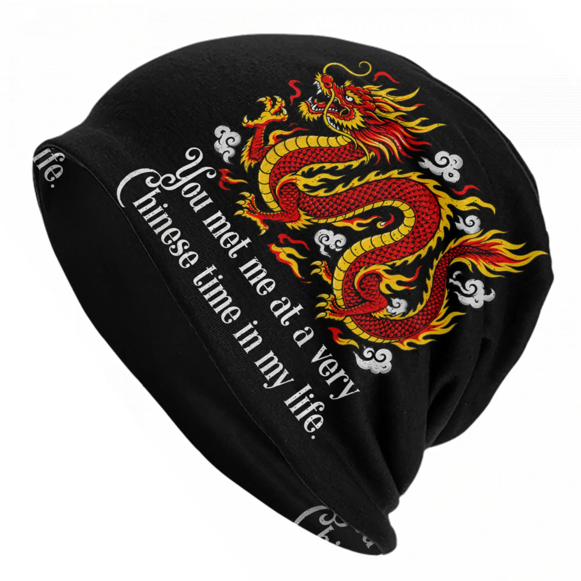 You Met Me At A Very Chinese Time  Skullies Beanies Hat Fire Dragon Quote   Vintage Street Caps Warm Head Wrap Bonnet Hats