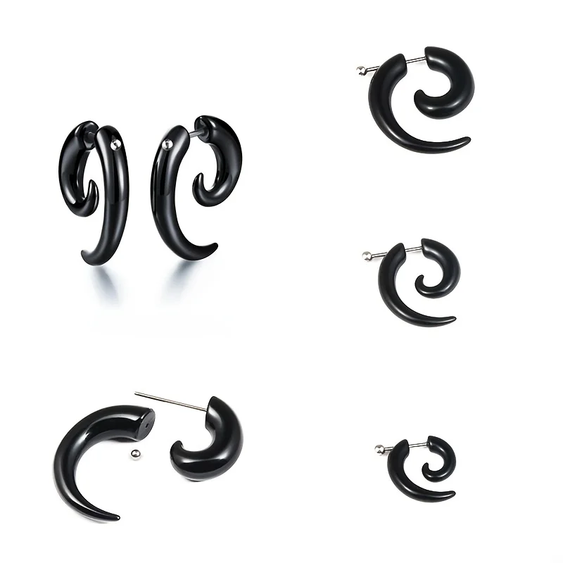 Fashion Black Horn Earrings For Women Hip-hop Acrylic Ear Stud Stainless Steel Anti-Allergies Earrings Gothic Spiral Ear Jewelry