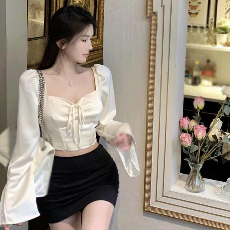 Square Neck Blouse Women Lace Split Design Crop Tops Solid Colour Trumpet Sleeves Short Style Sweet And Spicy Sexy Summer