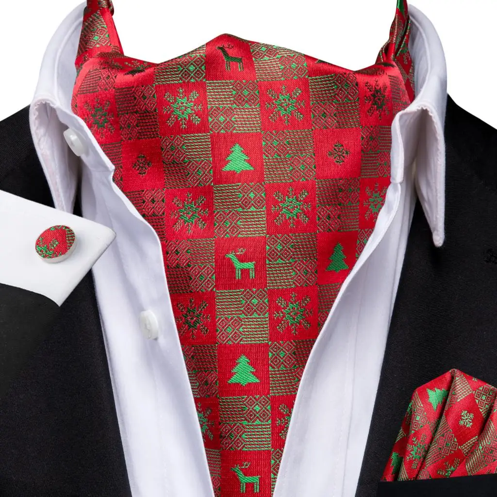 

Hi-Tie Red Silk Brand Men Elegant Christmas Ascots Jacquard Hankerchief Cufflink Vintage Cravat Scarf Xmas Gift For Male Party