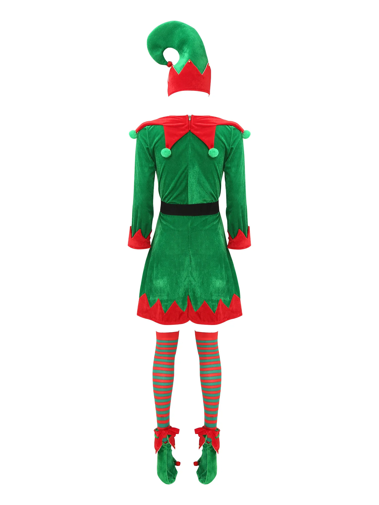 Womens Christmas Elf Costumes Pompom Contrast Velvet Dress Belt Hat Striped Stockings Shoes 5-Piece Santa Claus Fancy Dress Up