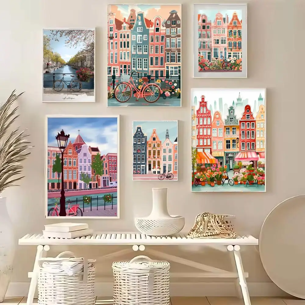 Amsterdam Canvas Poster Travel Illustration Colorful Flower City New Yorker Style Nursery Home Decor Gift Painting Calligraphy