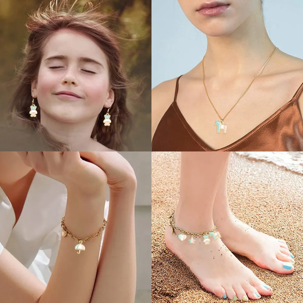 PandaHall  50 Pcs 5 Styles Rainbow Pastel Colored Enamel Bear Horse Heart Umbrella Star Charms for Jewelry Making