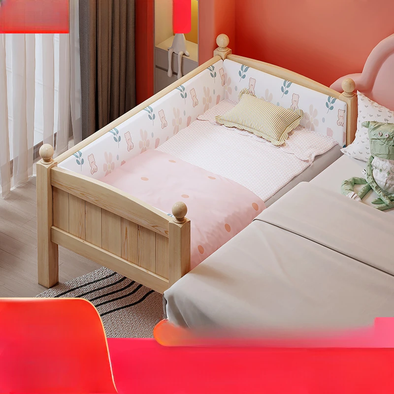 Solid Wood Children's Widened Stitching Bed Boys and Girls Flat