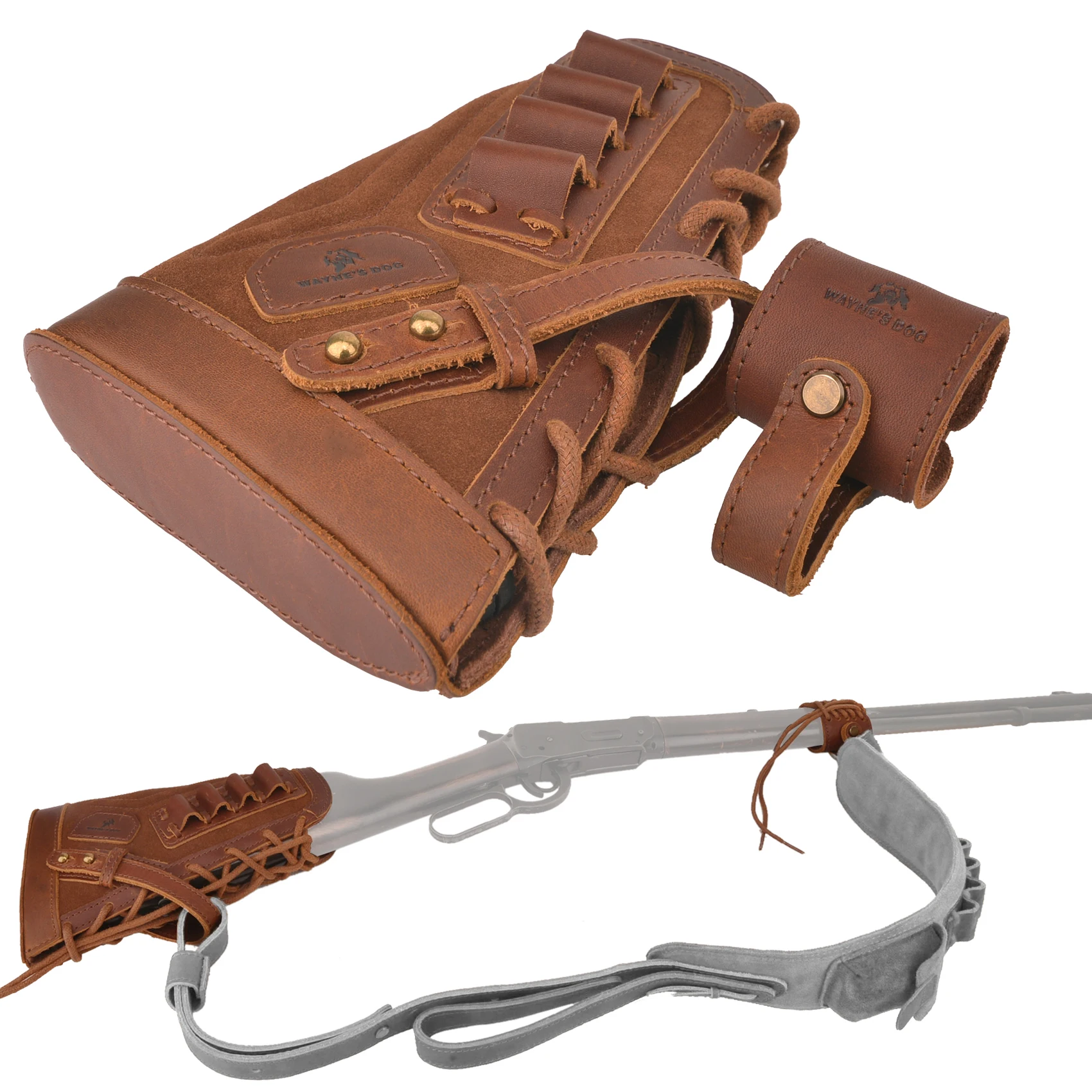 

Leather Buttstock Cheek Rest with Rifle Shell Holder, Fit for No Drill Sling .308 .40-65 .45-70 .22-250 .30-06 .300WIN