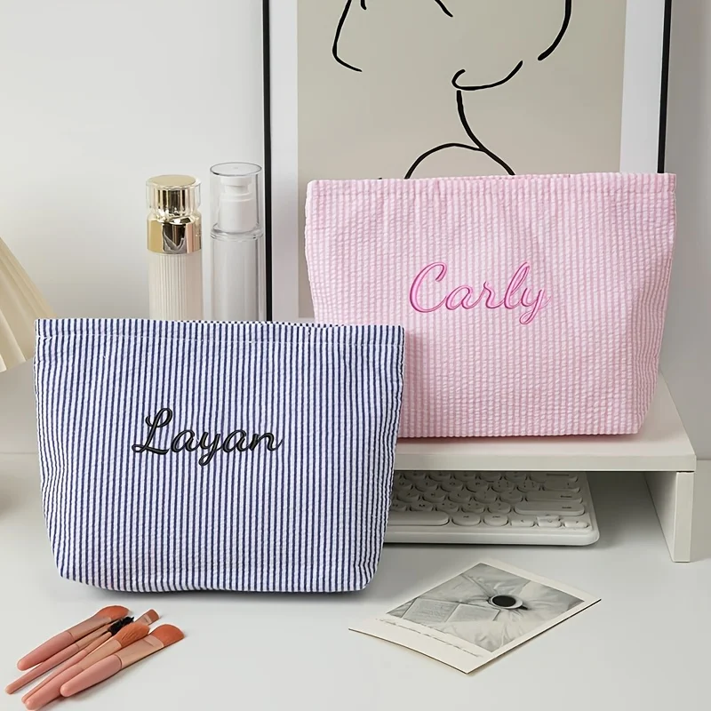 Personalized Name Makeup Bag, Minimalist Striped Design Portable Toiletry Pouch, Suitable Gift for Daily Outdoor and Holiday Use
