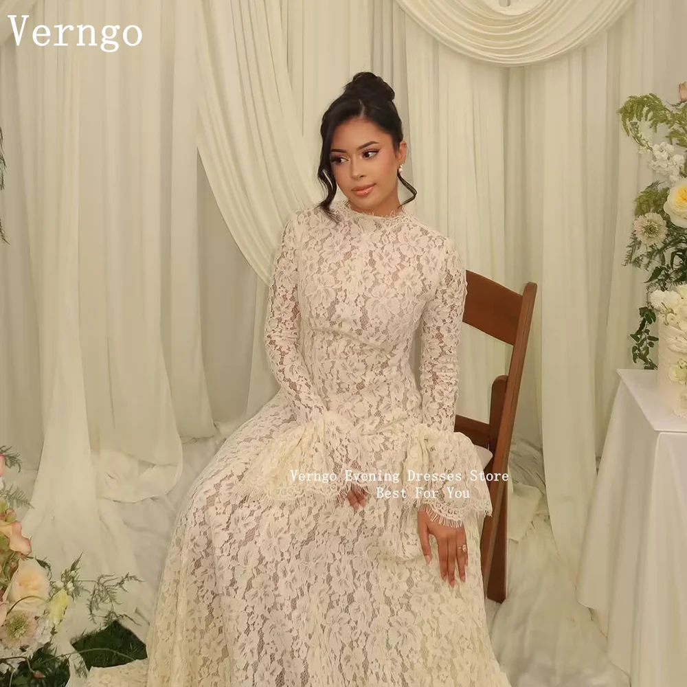 

Verngo Luxury Lace Wedding Party Dress High Neck Full Sleeves Mermaid Prom Gown Women Maxi Prom Party Dresses Customized