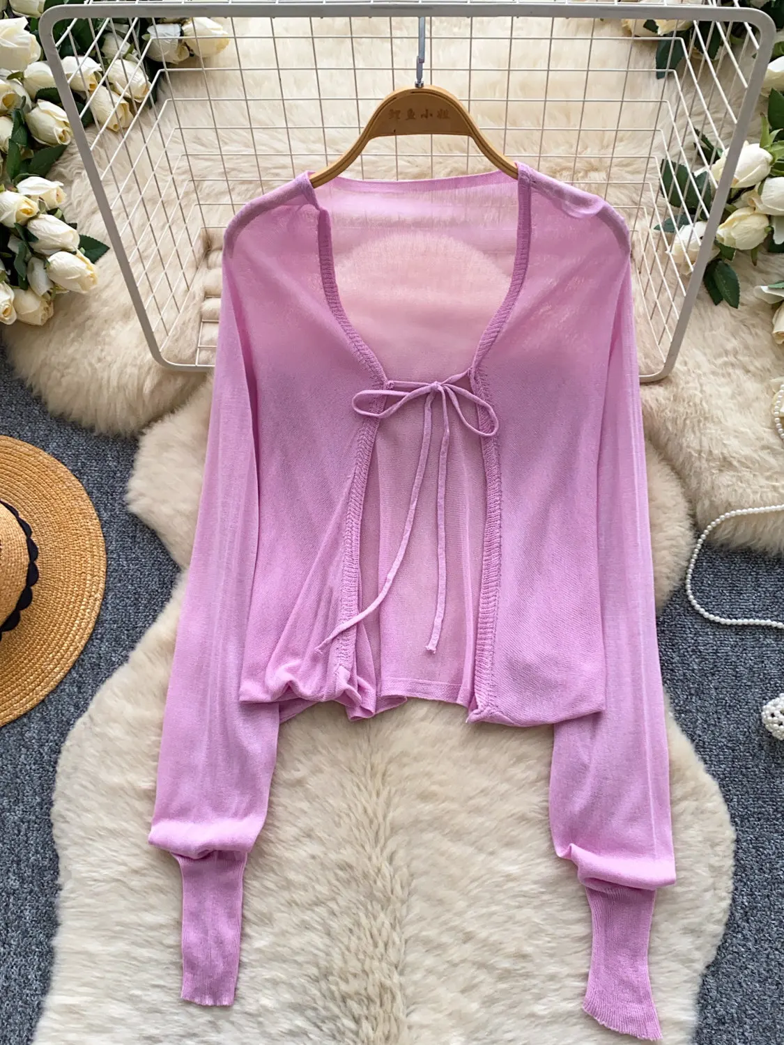 Women's Purple Long Sleeve Blouses and Shirts French Elegant Vintage Loose Sweet Thin Sun Protection Blouse Top for Women Summer