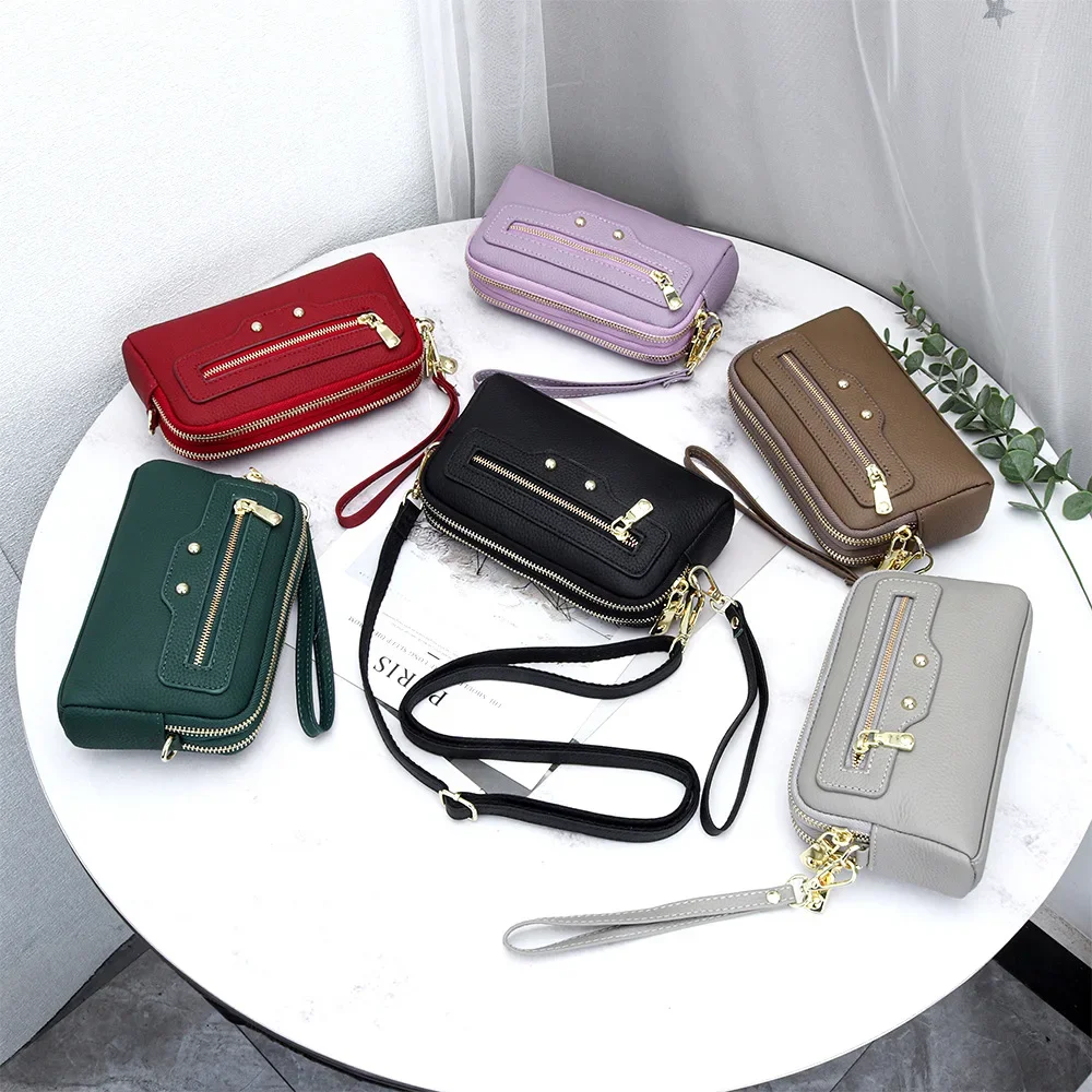 

Small Genuine Leather Crossbody Handbags Purses Lightweight Double Zipper Crossover Shoulder Bag with Adjustable Shoulder Strap
