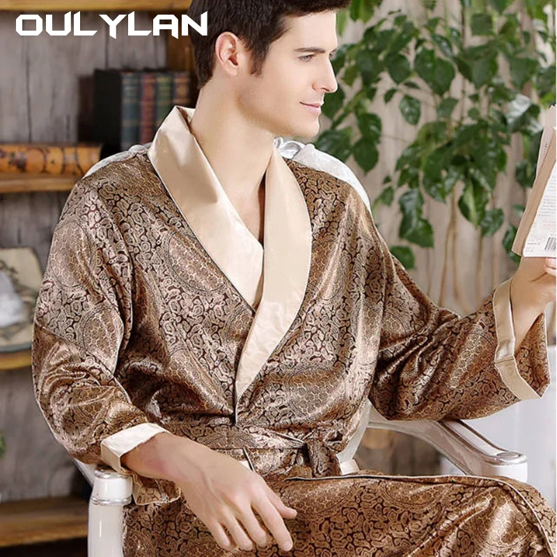 Oulylan High Quality Robe M-5XL Men Bathrobe Luxury Nightgown Silky Satin Home Dressing Gown Long Sleeve Print Male Sleepwear