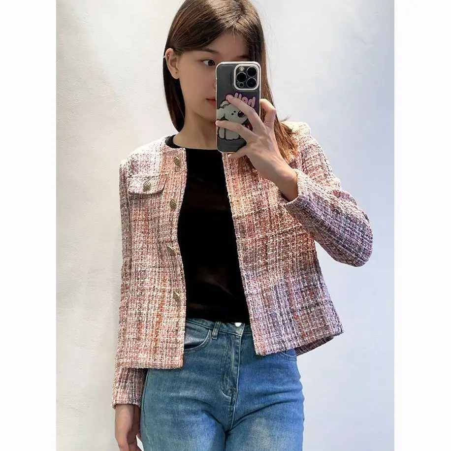 

Розовое клетчатое пальто, женское весенне-осеннее пальто 2024, новинка маленького размера, элитное элегантное пальто Sle Faion, верхняя одежда Jaet