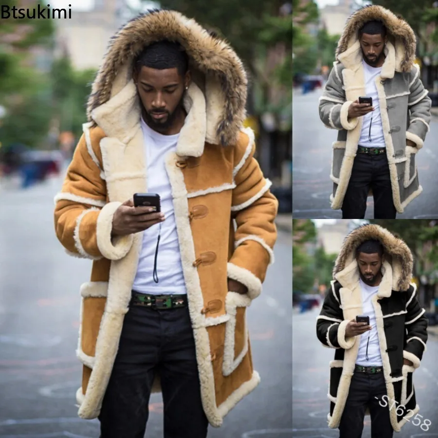 

Overcoats Winter Men Jackets Loose Long Cotton-padded Coats Fashion Patchwork Thickened Plush Warm Jackets Casual Streetwear Man