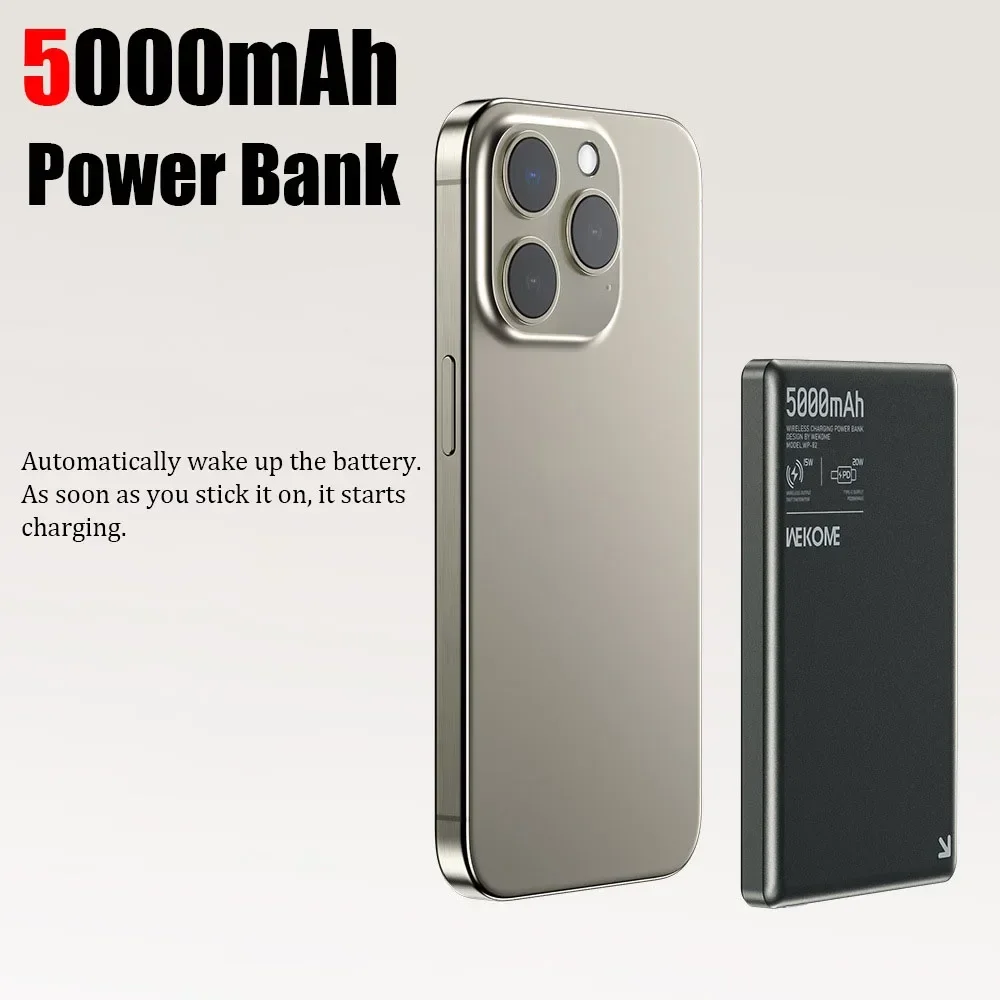 Ultra Thin Wireless Power Bank 5000mAh Portable Mobile Phone External Battery for IPhone 15 14 13 12 Light Powerbank