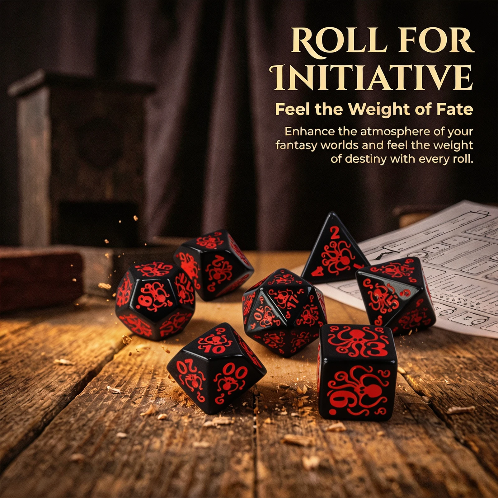 Red Octopus Laser Engraved Resin Poly Dice Set - Odorless & Crisp Details, Boxed RPG & Yard Game Gift for Xmas & Halloween