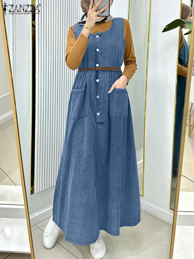 Fashion Sleeveless Denim Blue Long Dress ZANZEA Women Vintage Sundress Casual Solid Suspender Dubai Turkey Muslim Dresses Robe